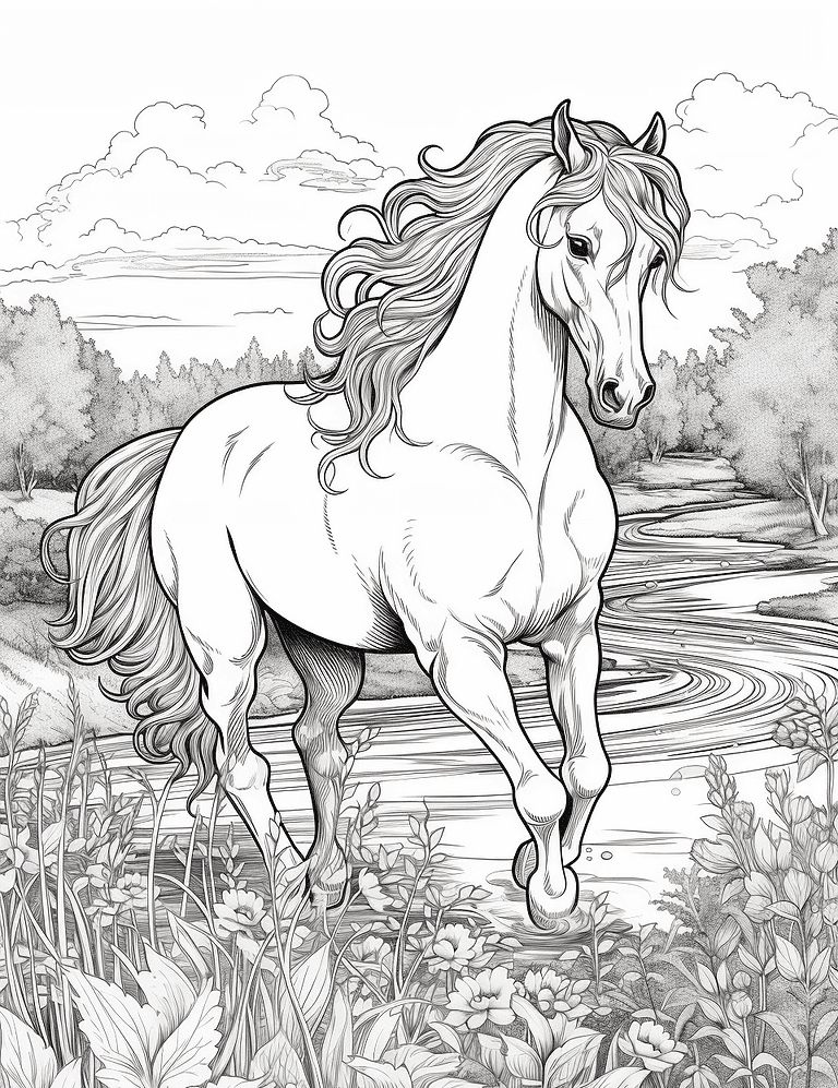 Black-lined Friesian Horse Coloring Page – Prompt Library