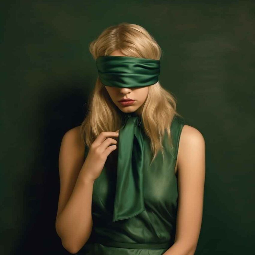 Midjourney Prompt Blindfolded Blonde In Green Dress Prompt Library 9204