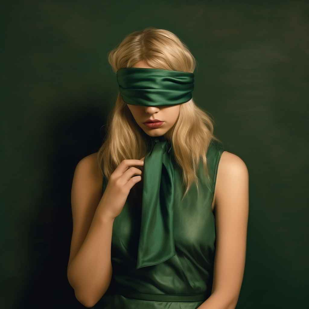 Midjourney Prompt: Blindfolded Blonde in Green Dress - Prompt Library