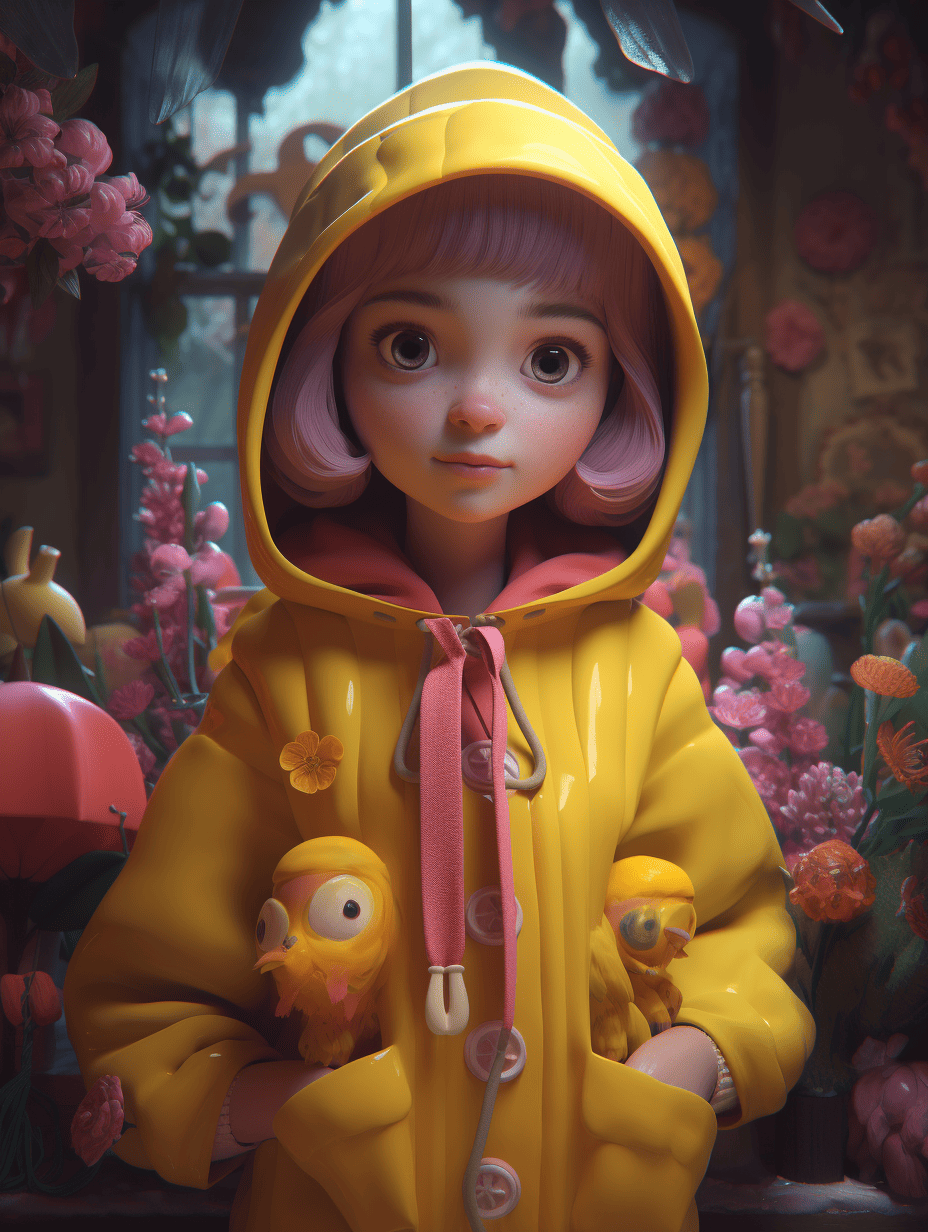 Cute Raincoat Girl Among Flowers – Prompt Library
