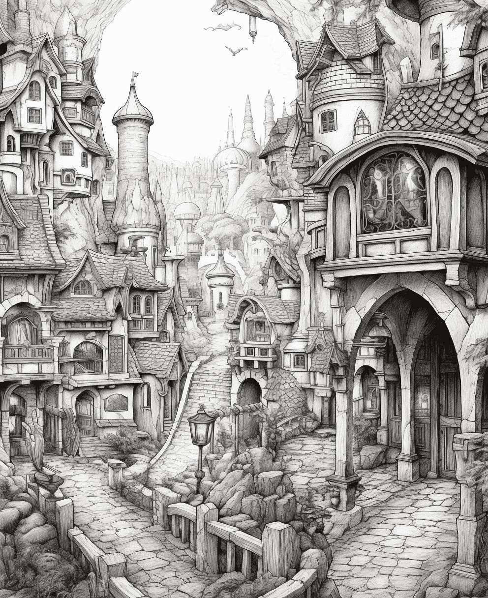 Fantasy Village Coloring Page – Prompt Library