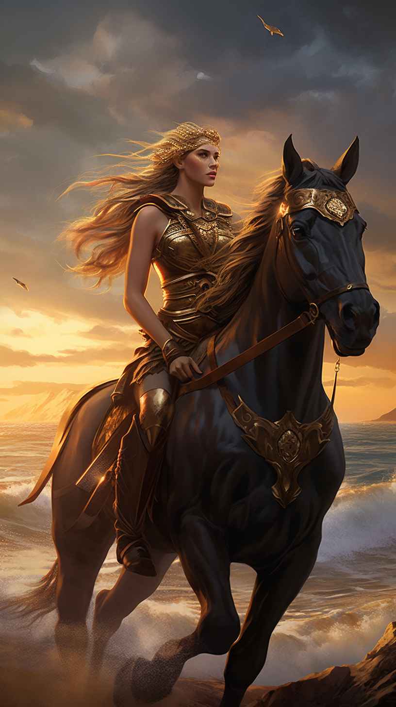 Golden Wonder Woman Riding Majestic Horse – Prompt Library