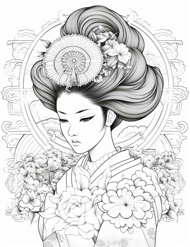 Midjourney Prompt: Graceful Geisha Coloring Page - Prompt Library