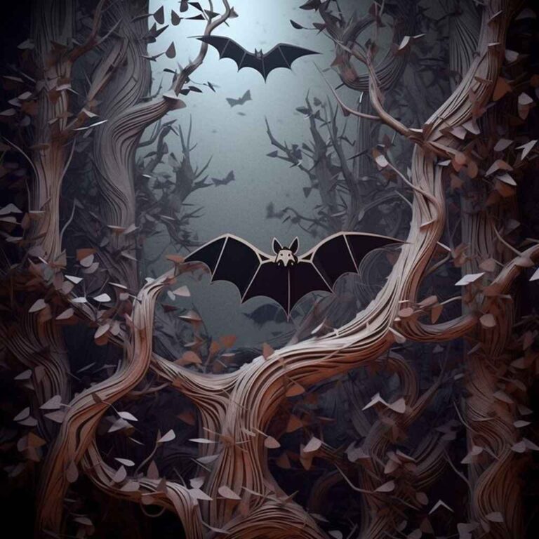 Vampire bats hang from a gnarled tree branch