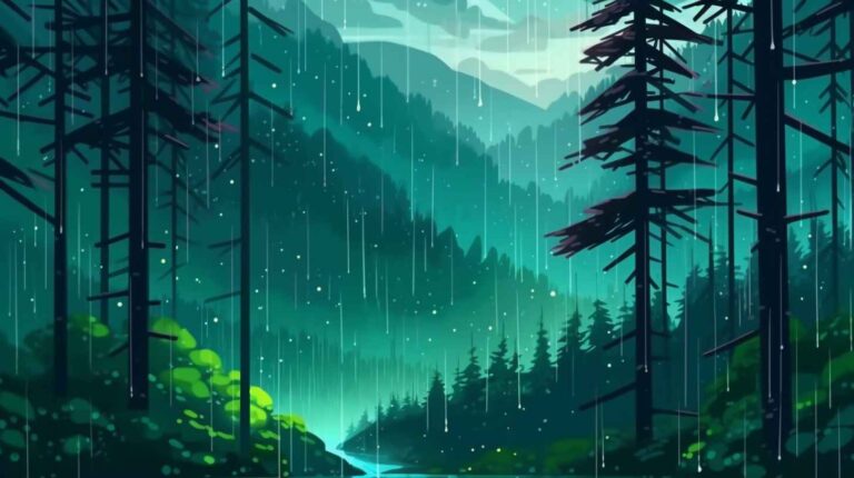 Heavy Rainfall in a Green Mountain forest