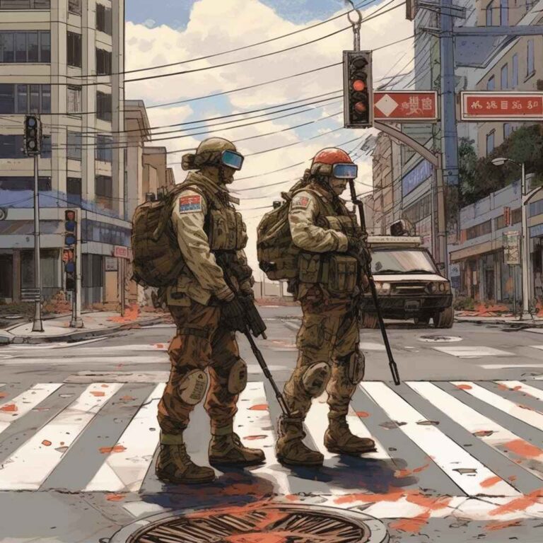 American Militiamen guarding and intersection in Raleigh circa 2024
