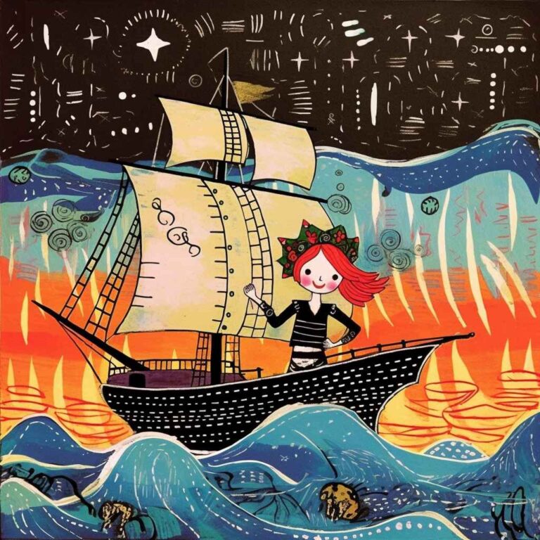 a girl with red hair sailing her pirate ship