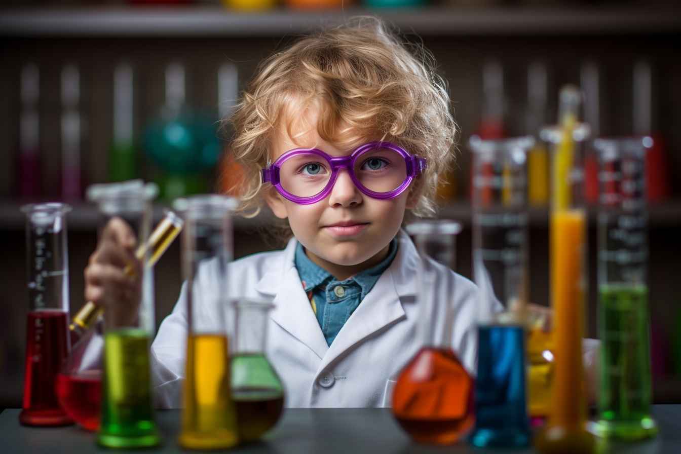 Midjourney Prompt: Scientist Boy in Colorful Lab - Prompt Library