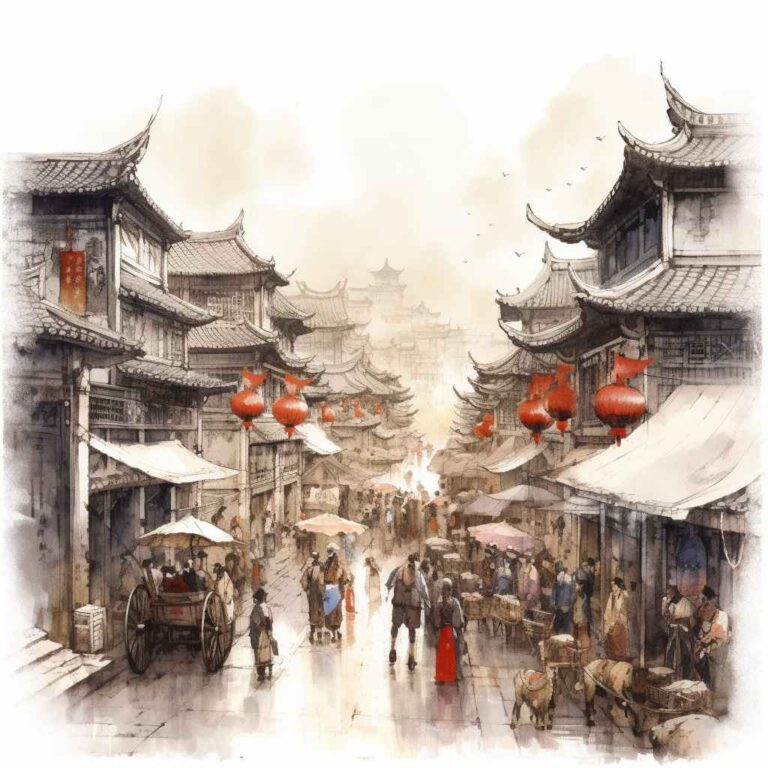 The prosperous street scene in Tang dynasty of China