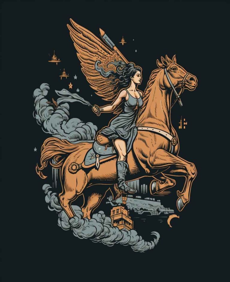 A valkyrie riding a winged horse into battle