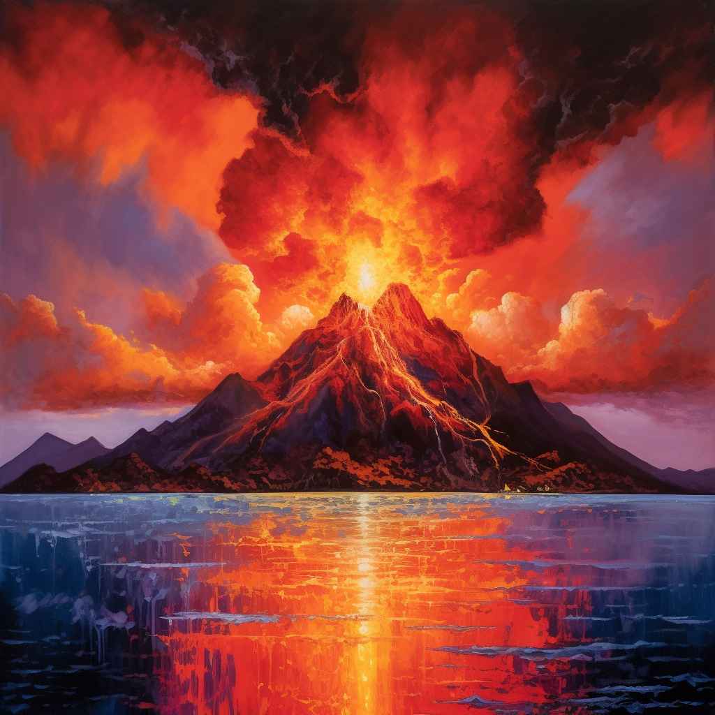 Midjourney Prompt: Volcano Erupts on Island - Prompt Library