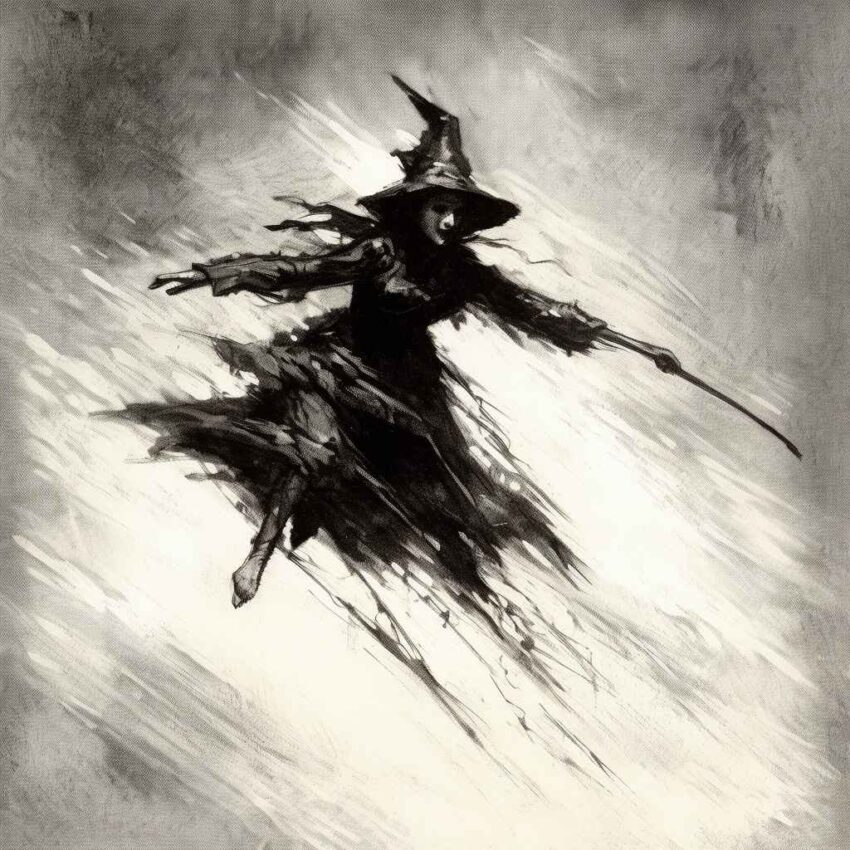 Midjourney Prompt: Witch On Broom Watercolor - Prompt Library