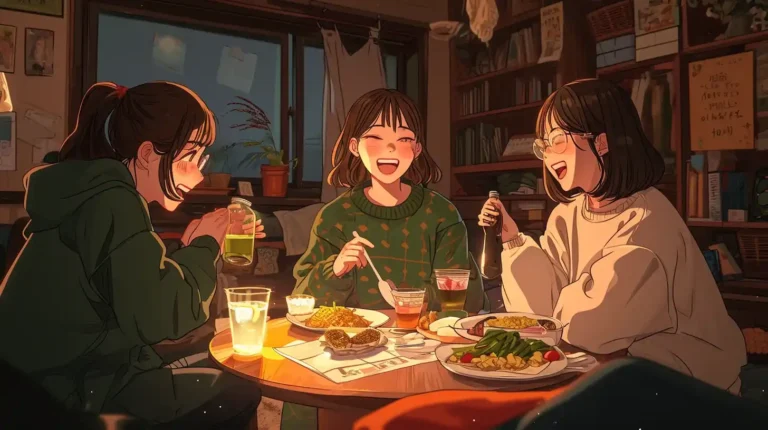 Midjourney prompts for illustration: three girls at a japanese potluck dinner party 