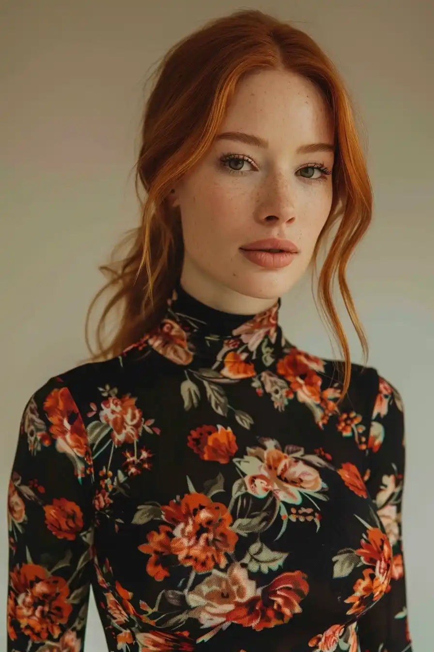 Midjourney Prompt: Red-Haired Model In Floral Dress - Prompt Library