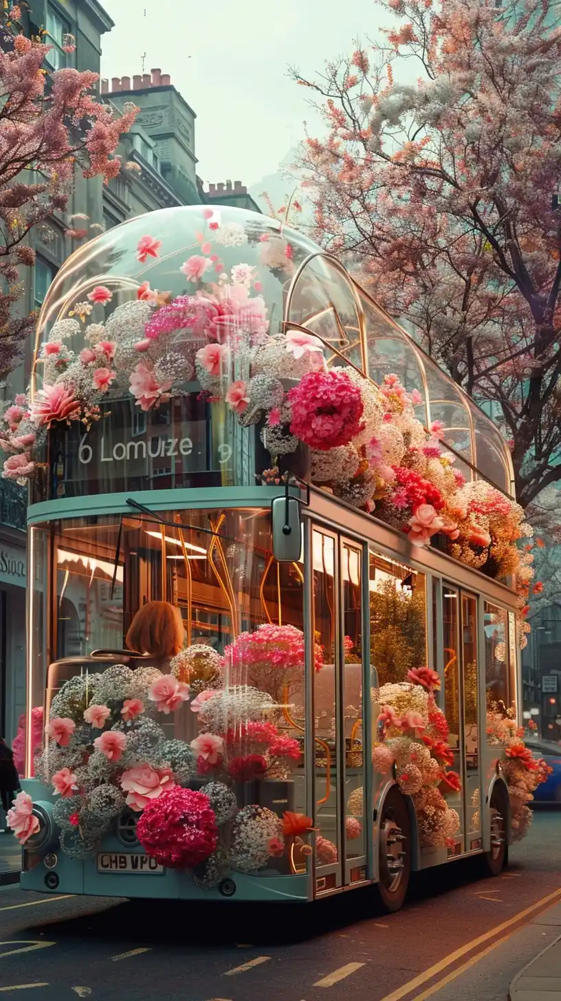 Midjourney Prompt: Glass Bus Floral Drive - Prompt Library