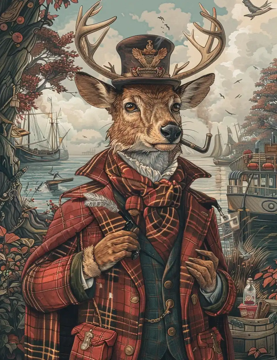 Midjourney Prompt: Whimsical Deer Detective Dockyards - Prompt Library