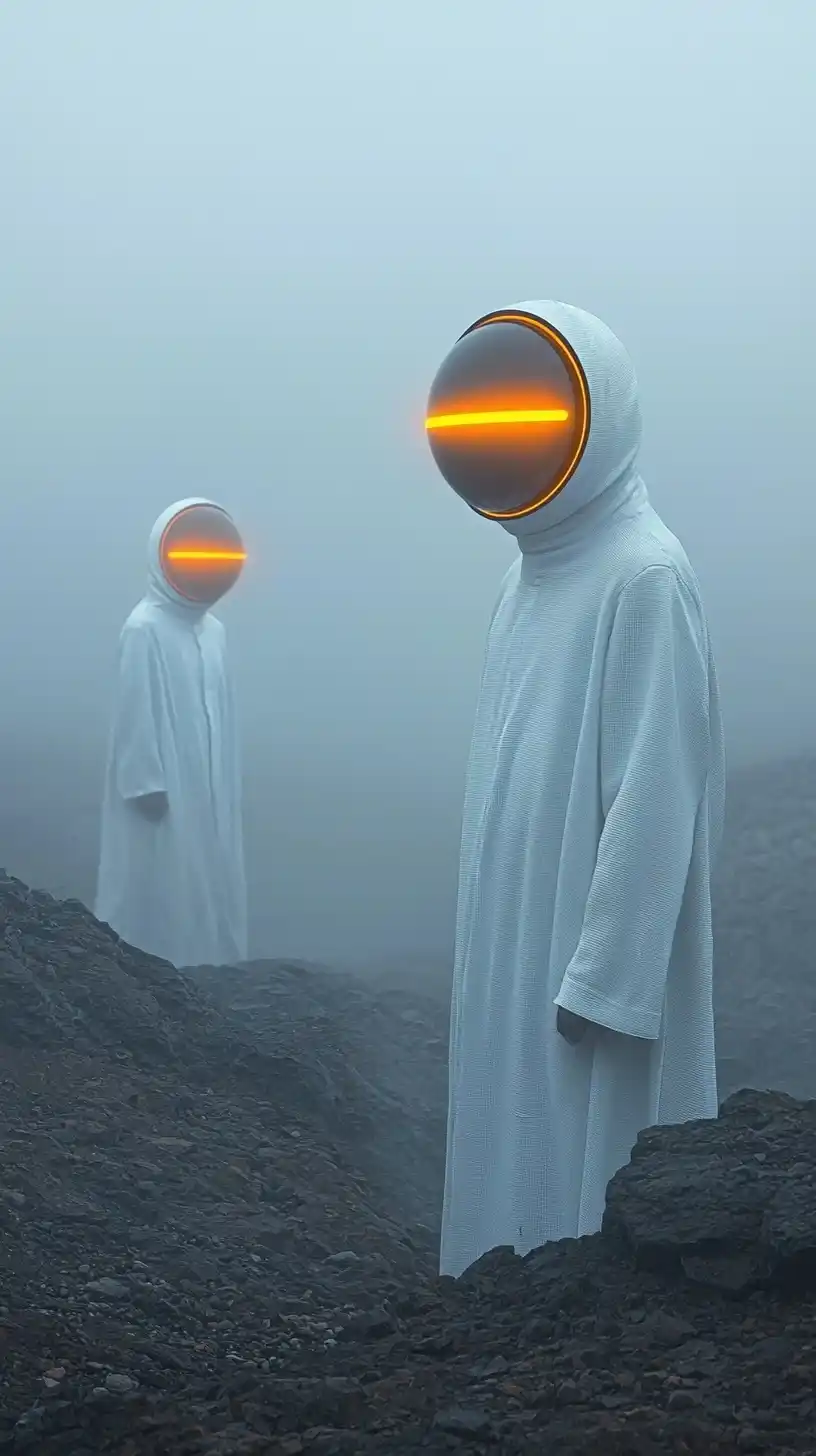 Midjourney Prompt: Cinematic Foggy Landscape Figures - Prompt Library