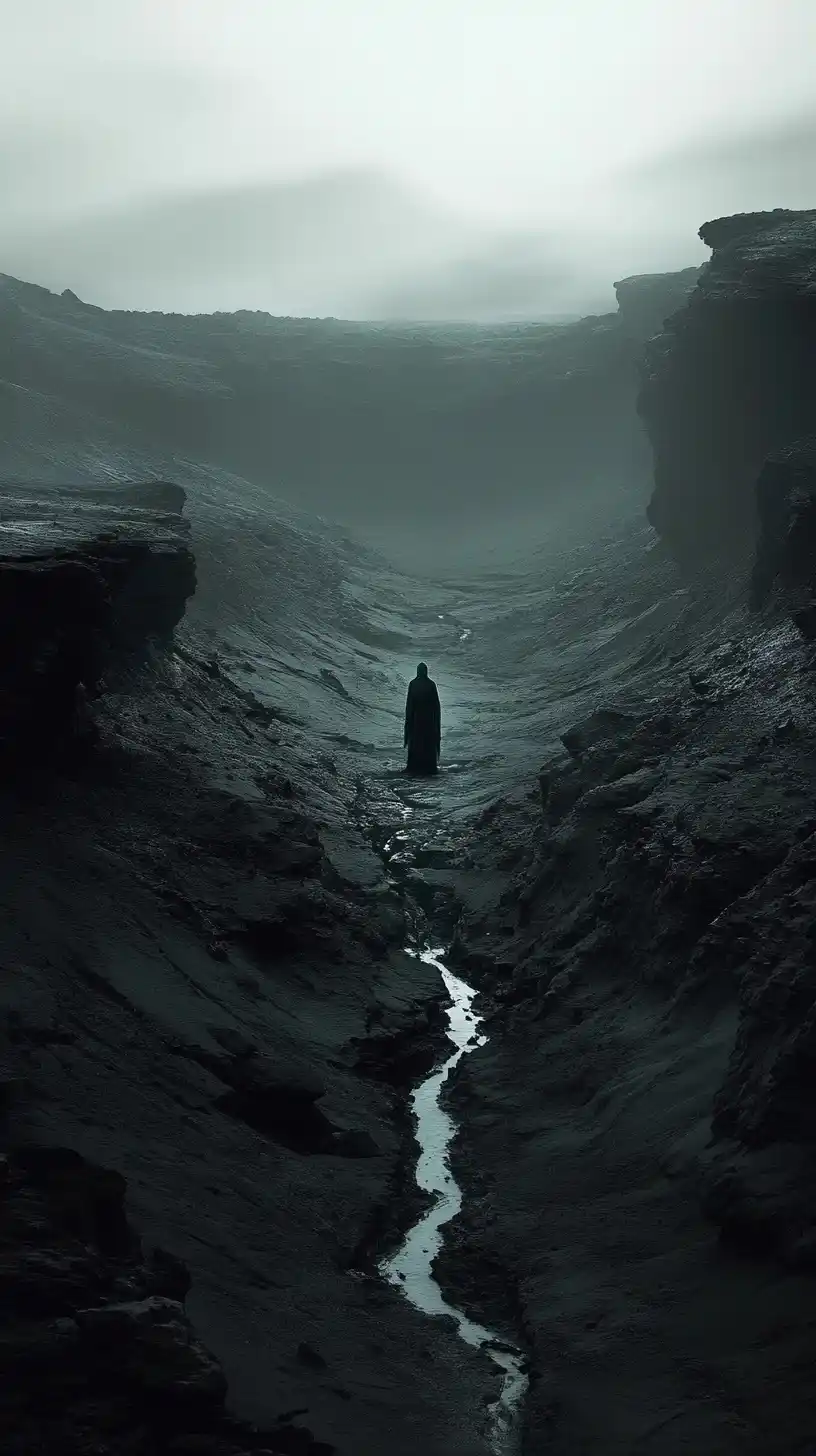 Midjourney Prompt: Desolate Landscape With Shadowy Figure - Prompt Library