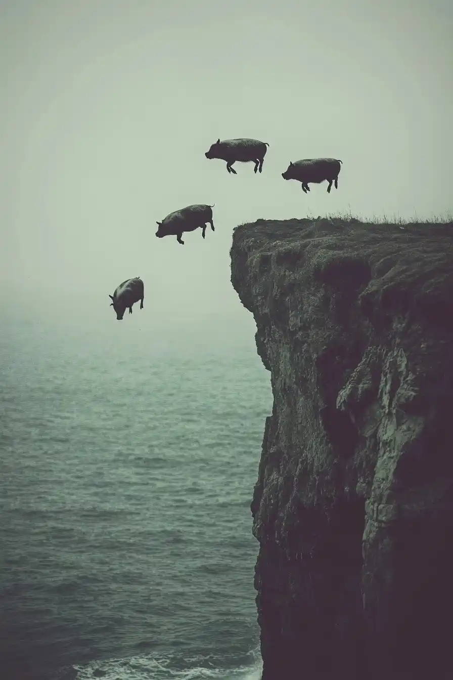 Midjourney Prompt: Eerie Swine Cliff Dive - Prompt Library