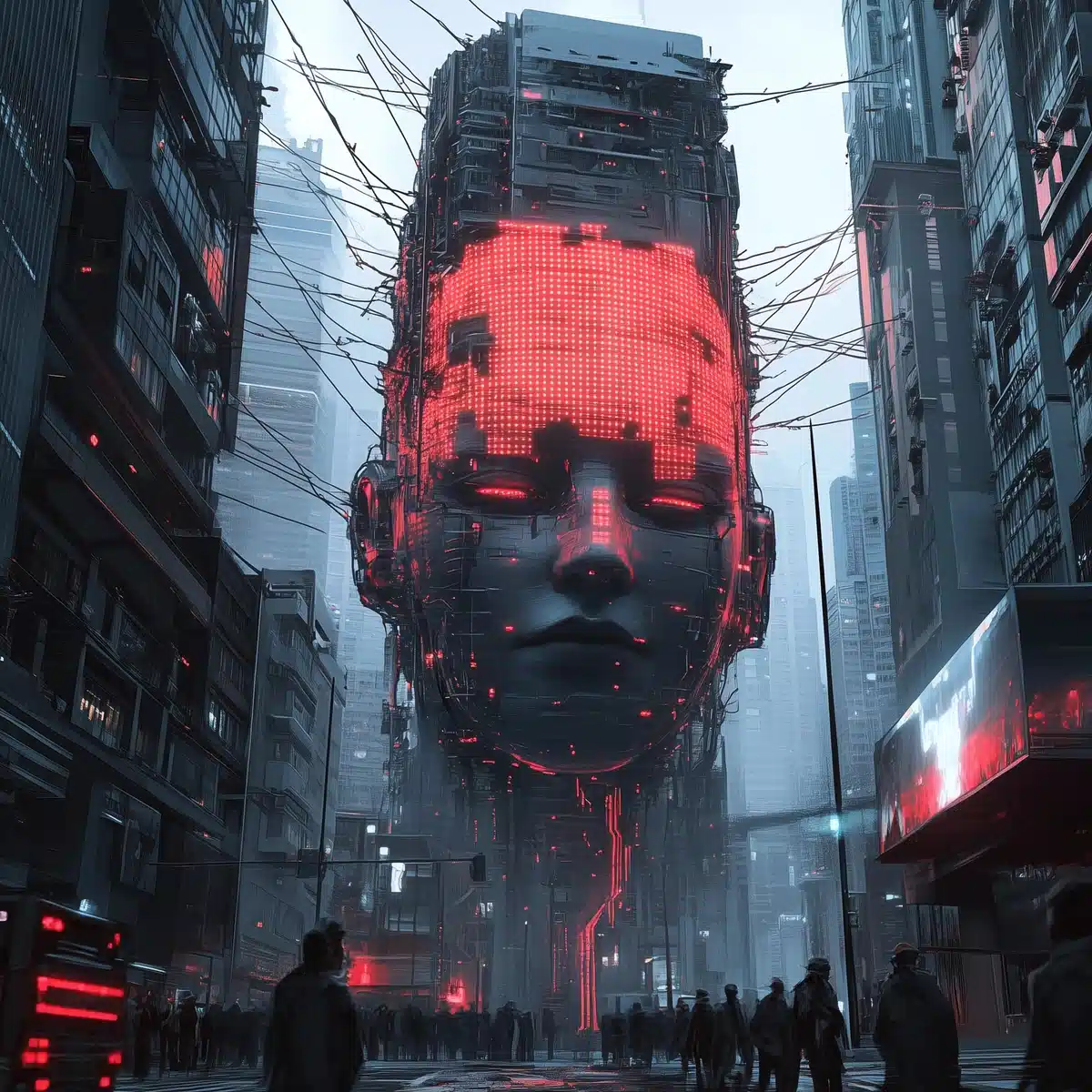 Midjourney Prompt: AI Tower Over Cityscape - Prompt Library