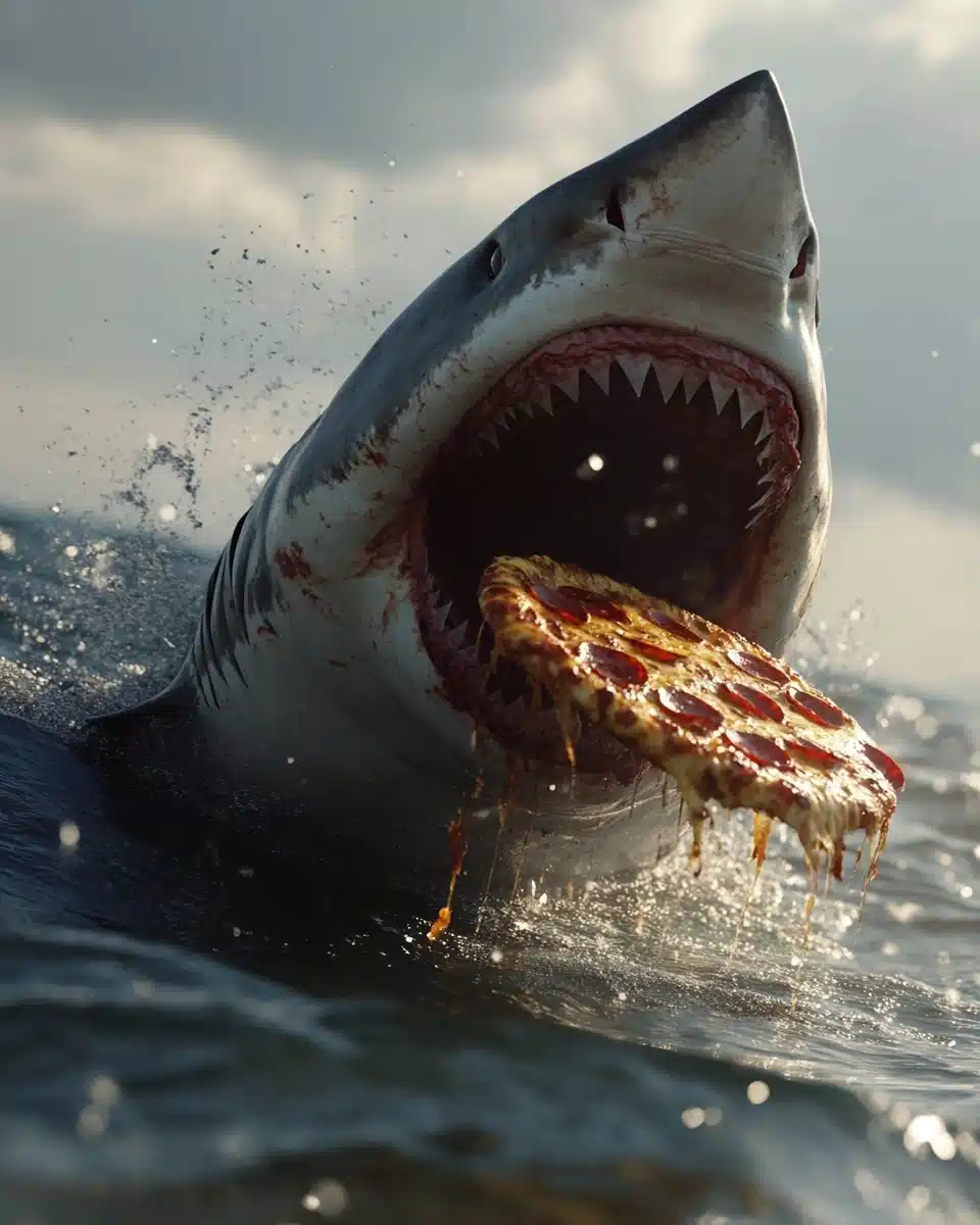 Generated result for Hyper-Realistic Shark Pizza Attack