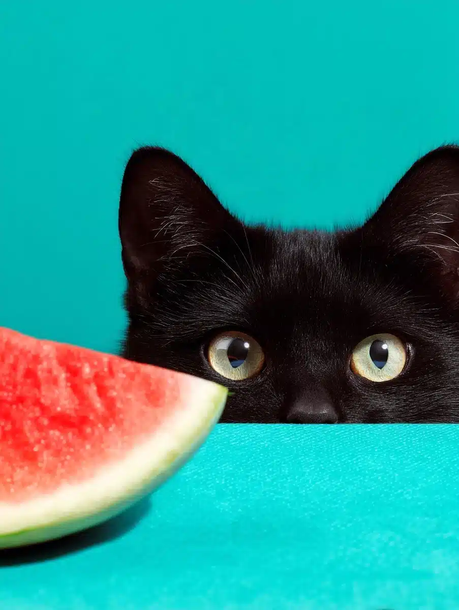 Black Cat Behind Watermelon — Food & Drink Midjourney prompt example image