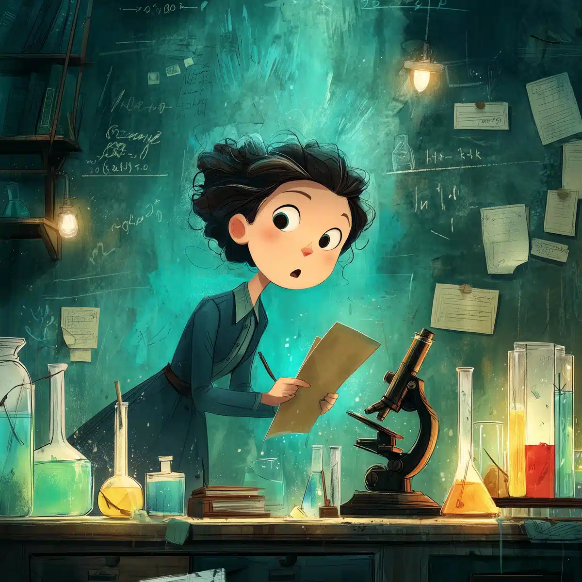 Colorful Storybook Curie Laboratory — Fashion & Editorial Midjourney prompt example image