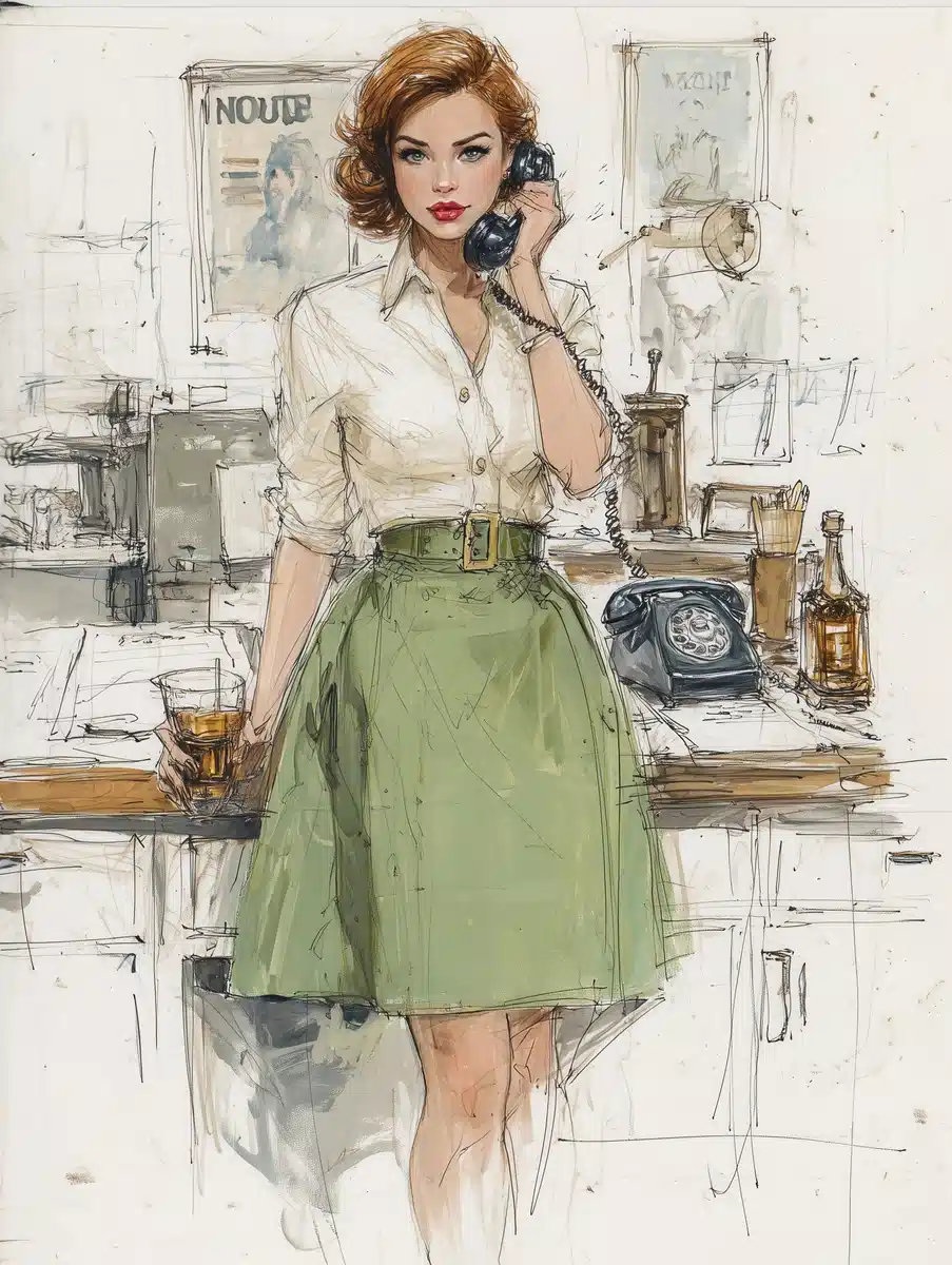 Fashion Sketch Redhead Office Queen — Product & Packaging Midjourney prompt example image
