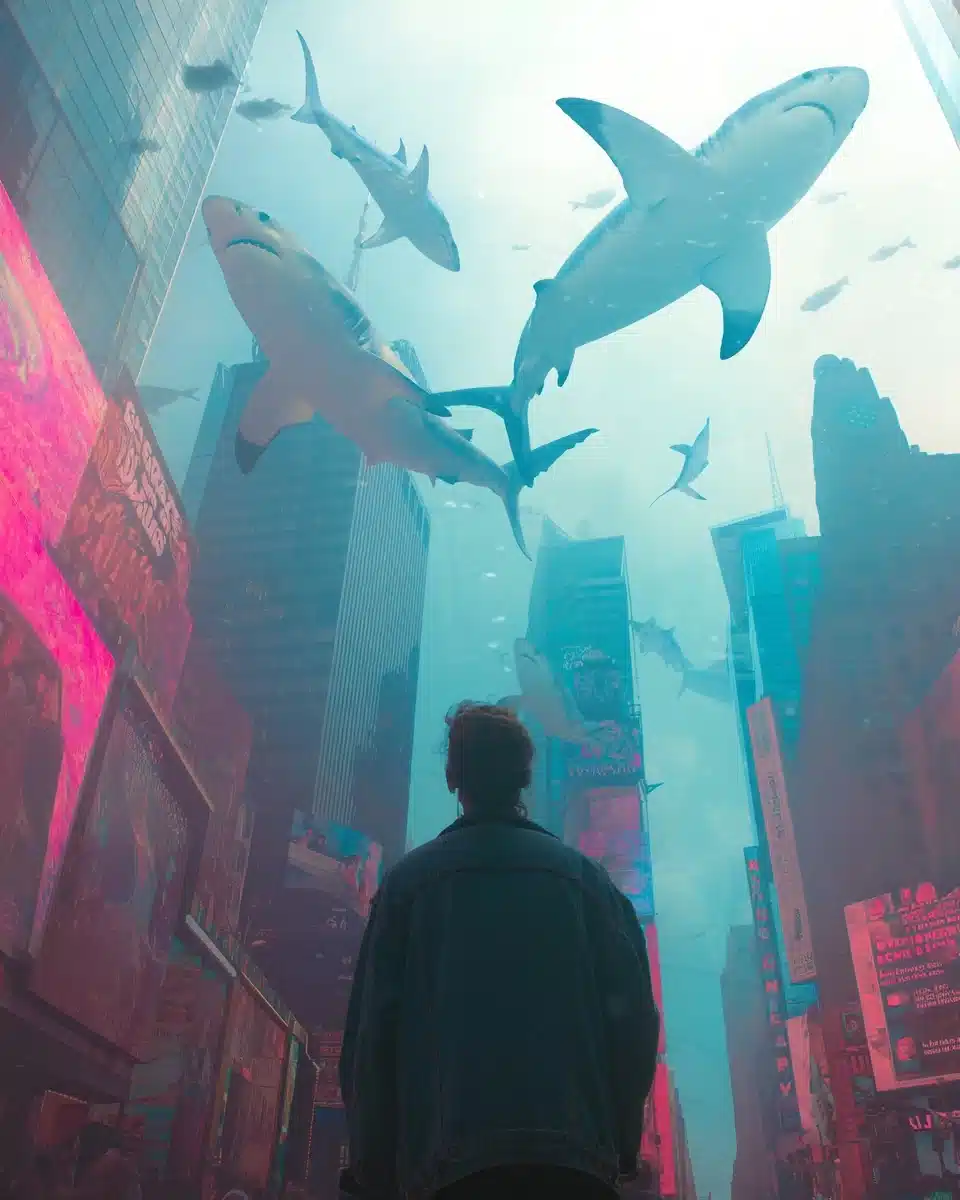 Hyper-Realistic Sharks In Times Square — Architecture & Interiors Midjourney prompt example image