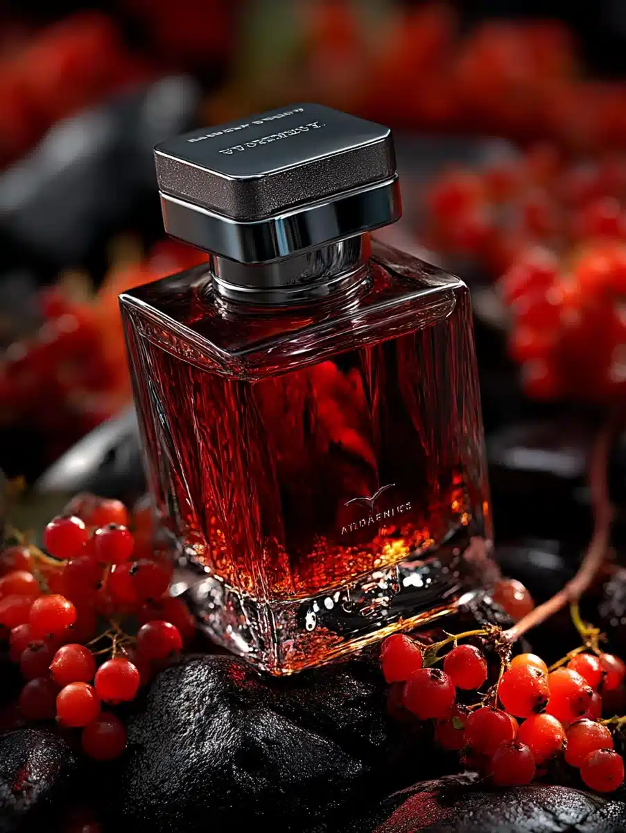 Perfume Bottle On Rocks — Product & Packaging Midjourney prompt example image