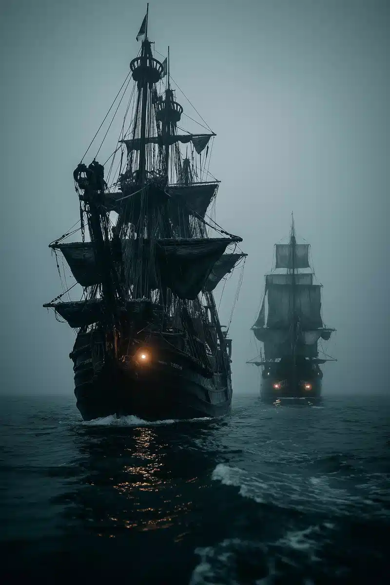 Pirate Ships In Mist — Landscape & Nature Midjourney prompt example image
