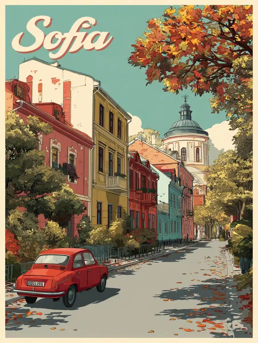 Retro Sofia Street Scene — Logo & Typography Midjourney prompt example image